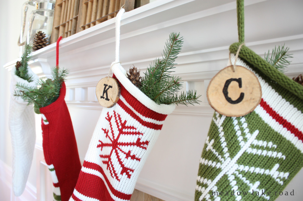stockings with wood initial tags
