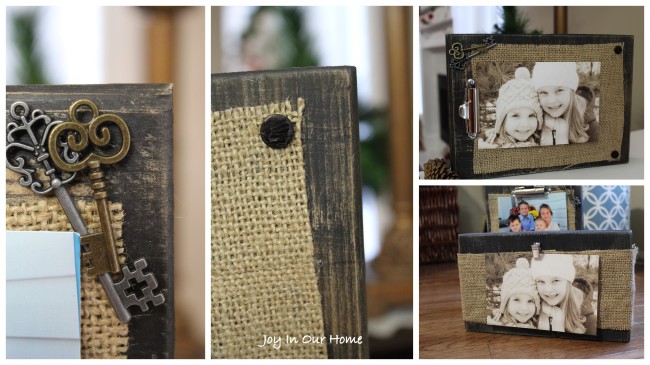 Burlap Photo Frame Display at www.joyinourhome.com