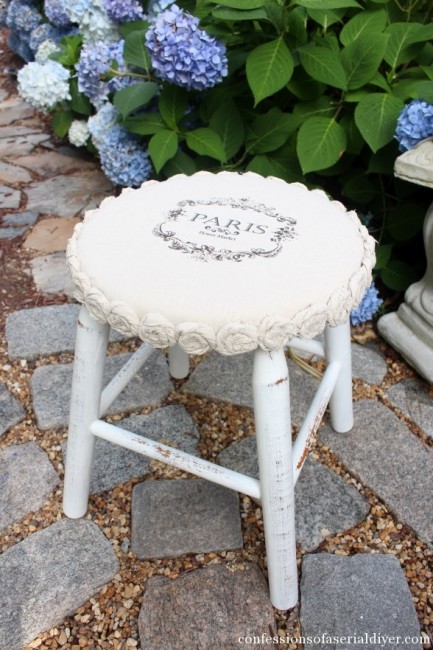 Confessions of a Serial DIYer Mini Drop Cloth Rosette Stool Makeover 