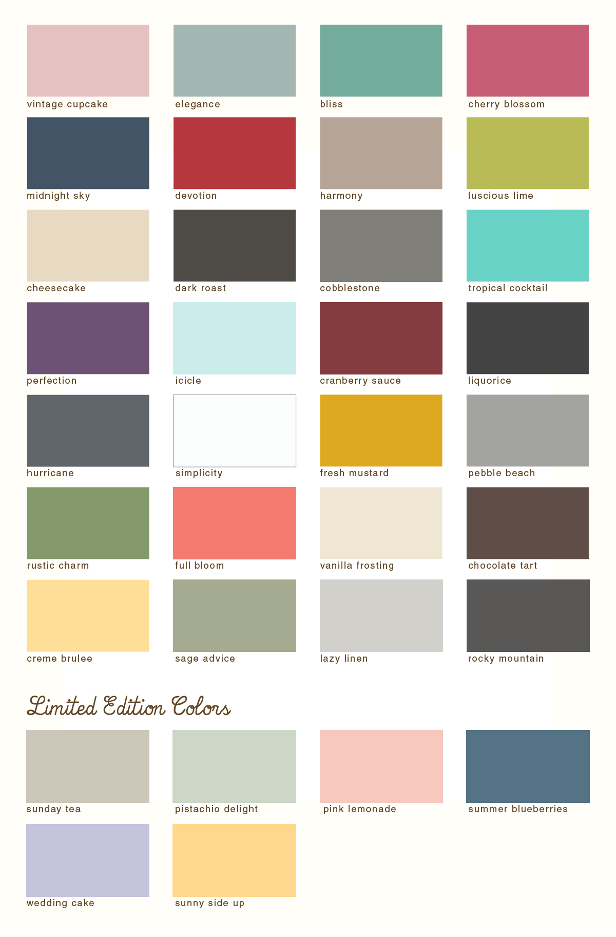 Paint colors of Country Chic's chalk-based furniture paint
