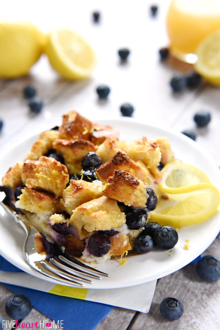 Lemon Blueberry Overnight Baked French Toast with Lemon Syrup ~ bursting with juicy berries and layered with lemon-infused cream cheese, this make-ahead recipe would be a special breakfast or brunch for celebrating Easter or spring! | FiveHeartHome.com