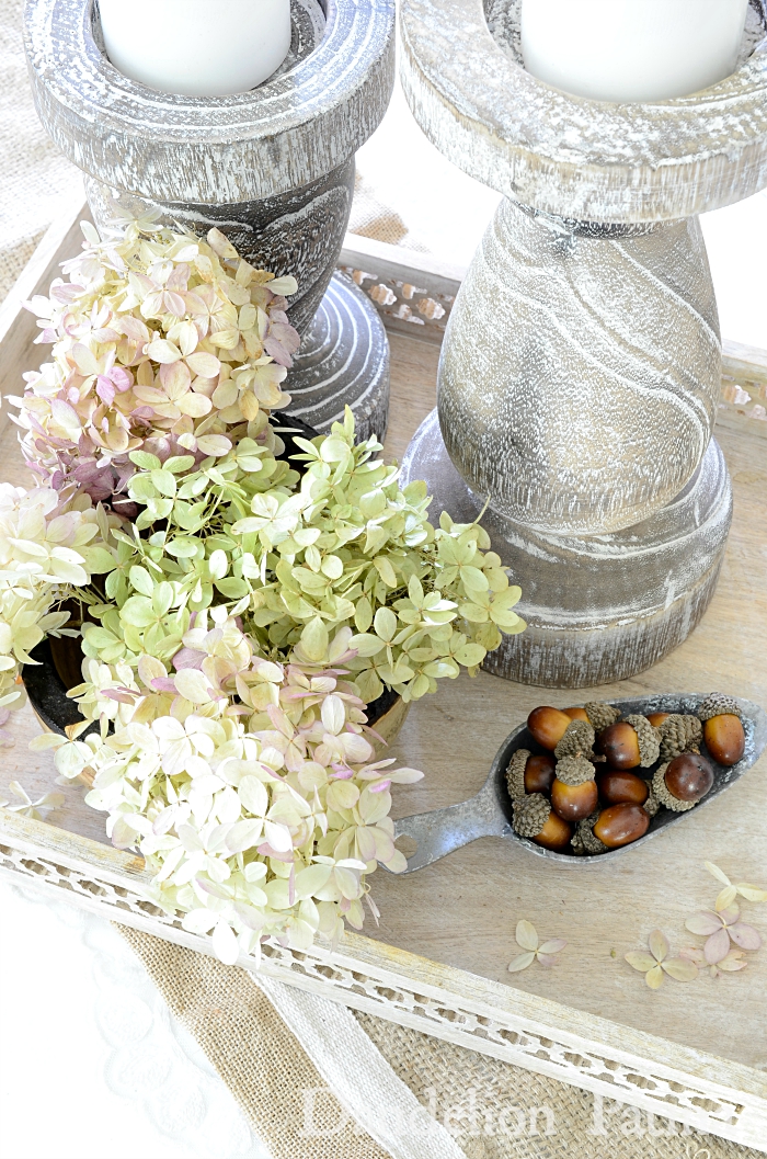 dried hydrangeas and acorns. simple farmhouse style fall decorating via dandelionpatina.com